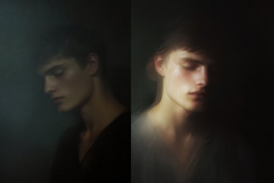 Poetic split portrait diptych of a young man in low light with soft focus for moody background and editorial portrait design