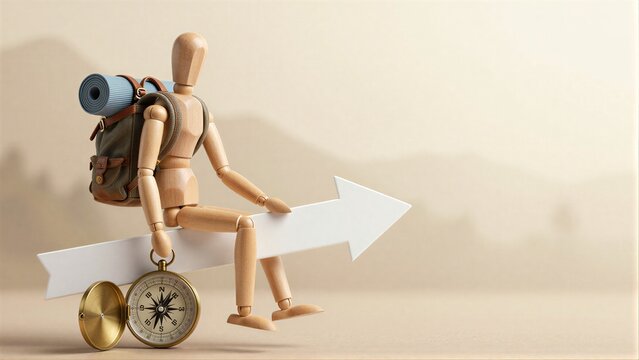 Wooden figure with backpack and compass sits on arrow, symbolizing journey ahead.