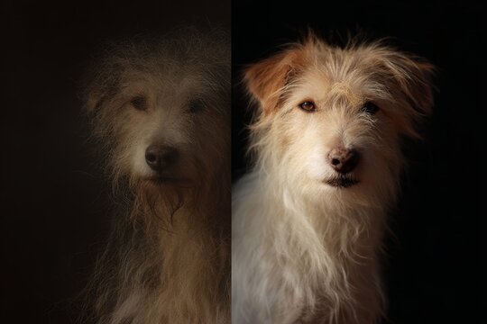 Split screen dog portrait showing matted dirty fur on one side and clean lit fur on the other for rescue poster and before after comparison