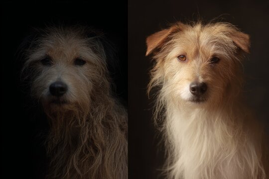 Portrait of a dog with left matted dirty fur and right clean groomed coat for pet grooming before after comparison and care banner