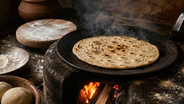 Fresh Roti Baking on Tawa Pan Over Clay Stove Fire in Rustic Kitchen