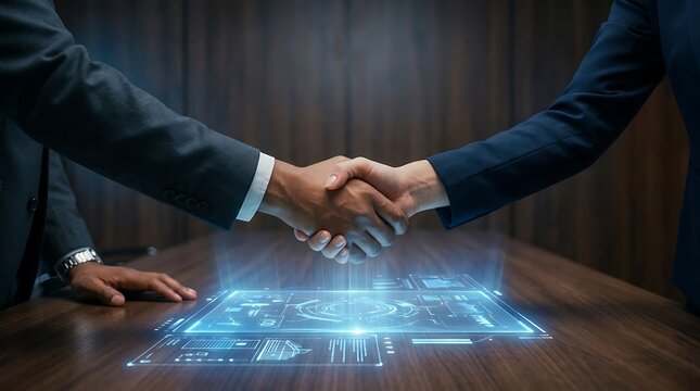 Two business executives exchanging a firm handshake over a modern wooden conference table featuring a holographic blue digital interface with data analytics and strategic projections.