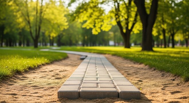 Stone pathway through sunny lush green park with graphic asset, landscape
