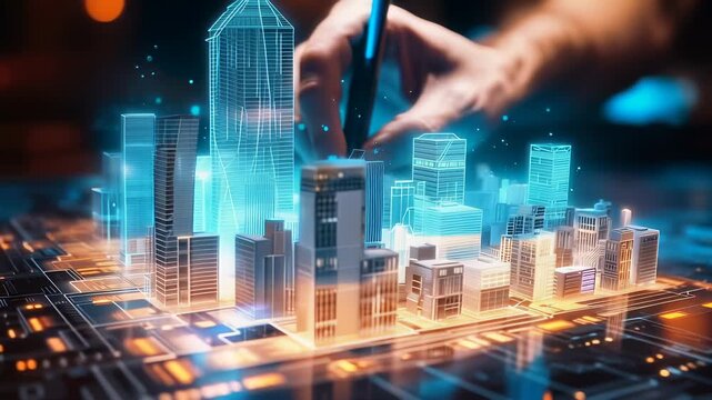 An architect brings architectural designs to life with 3D holographic construction models. The concept of innovation in architecture and futuristic design. Generative Ai.