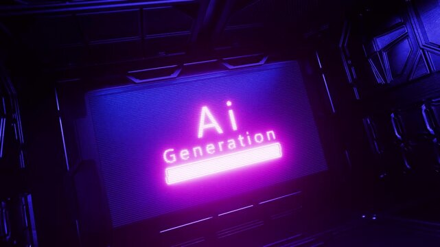 AI generation process fills the progress bar. The concept of artificial intelligence generating a response to a user's request. Glitch effect of AI-generated inscriptions on a futuristic billboard.
