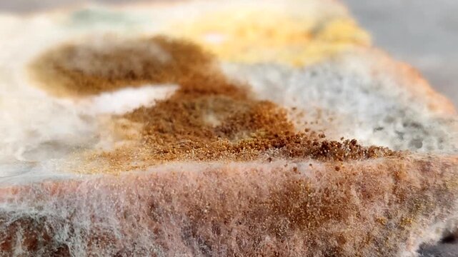 Rhizopus stolonifer (black bread mold) growing on rotten bread surface. Detailed view of sporangium and mycelium for biology and science education