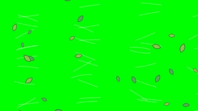 Hand-Drawn Animated Green Leaves and Motion Wind Lines Falling on a Chroma Key Green Screen Background for Video Editing