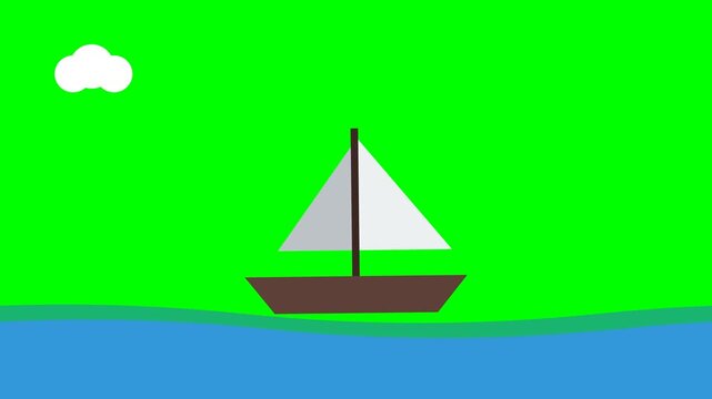 Simple Cartoon Sailboat Animation on Green Screen Background with Blue Ocean Waves and White Clouds for Chroma Key Video Editing