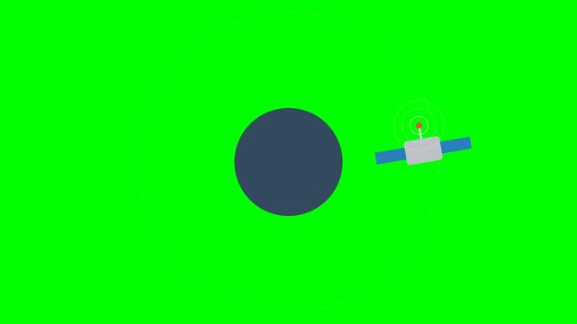 Flat Design Satellite Orbiting a Planet with Signal Waves on Green Screen Background for Chroma Key Composition, Space Communication Animation