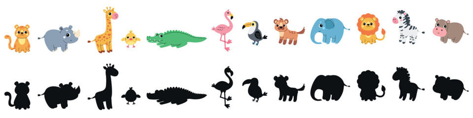 Collection of cute cartoon African animals and their silhouettes. Hand-drawn characters, isolated on a white background. Vector illustration © Mayartlab