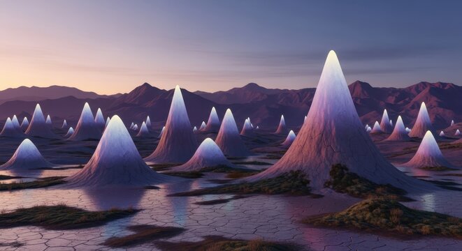 Abstract surreal landscape with glowing mountain peaks