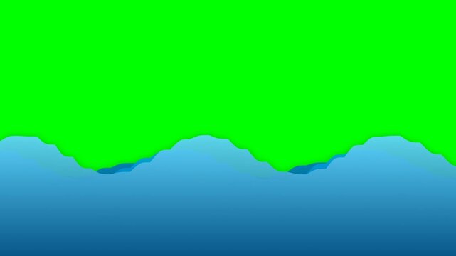 Blue Abstract Paper Cut Style Mountain Range Landscape on Chroma Key Green Background for Creative Video Editing and Motion Graphics