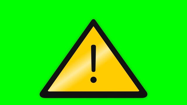 Yellow Warning Triangle Icon with Exclamation Mark on Green Screen Background, Caution and Danger Alert Symbol for Video Editing and Compositing