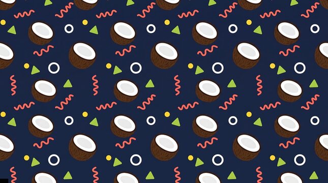 Seamless Pattern of Halved Coconut Fruits with Festive Confetti Shapes on Dark Blue Background