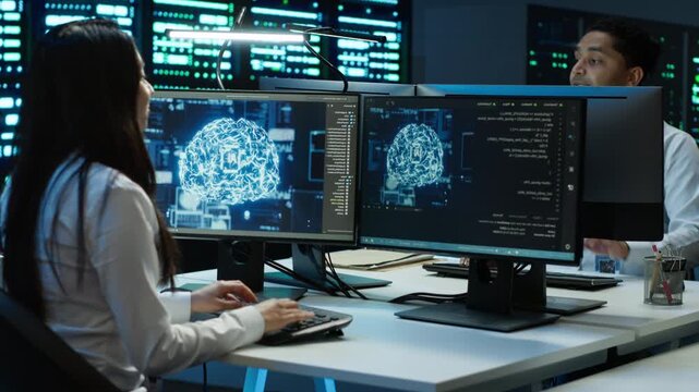 Within a server room, engineering team checks AI assisted infrastructure systems, connecting network security, data protection and AI assisted analysis inside a high tech maintenance routine