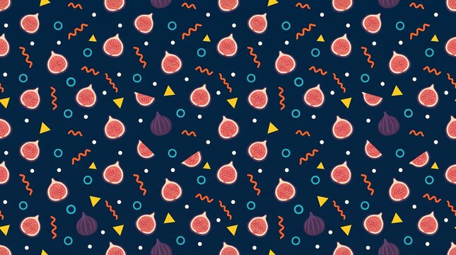 Seamless Pattern Featuring Halved Figs and Geometric Confetti Shapes on Dark Blue Background