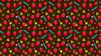 Fototapeta premium Vibrant Seamless Surface Pattern Featuring Ripe Red Raspberries and Playful Colorful Geometric Shapes