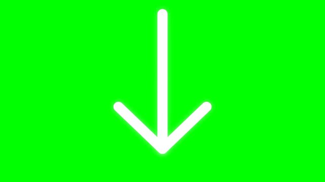 White Downward Pointing Arrow Minimalist Icon on Chroma Key Green Screen Background for Digital Interface and Video Editing Projects