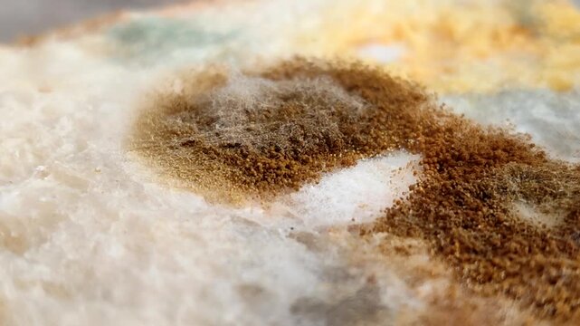 Rhizopus stolonifer (black bread mold) growing on rotten bread surface. Detailed view of sporangium and mycelium for biology and science education