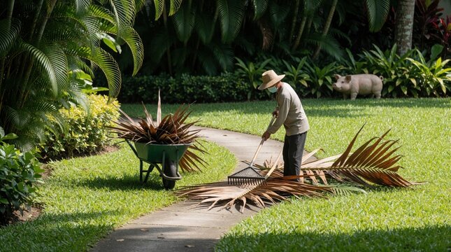 Gardener rakes dry palm leaves on path. Man with straw hat and mask works on green lawn. Wheelbarrow full of foliage sits nearby. Pig statue watches.