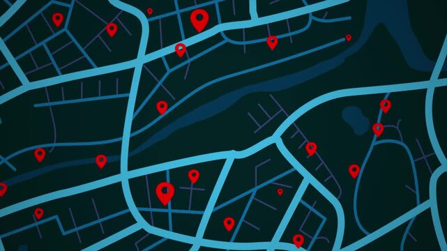 4K UHD Animated city map with location pins and navigation routes. Modern GPS tracking concept for smart city