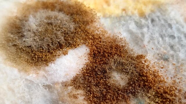 Rhizopus stolonifer (black bread mold) growing on rotten bread surface. Detailed view of sporangium and mycelium for biology and science education