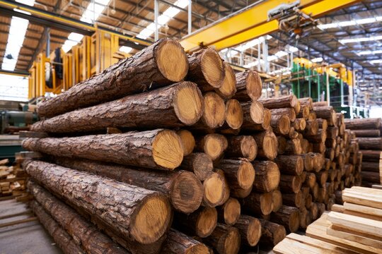 Industrial Lumber Stacks in Processing Facility with Heavy Machinery and Storage Area Overview