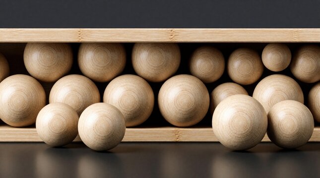 Many wood spheres cluster inside narrow frame box. Round objects represent business bottleneck issue. Concept shows workflow management congestion with production delay. Minimalist metaphor
