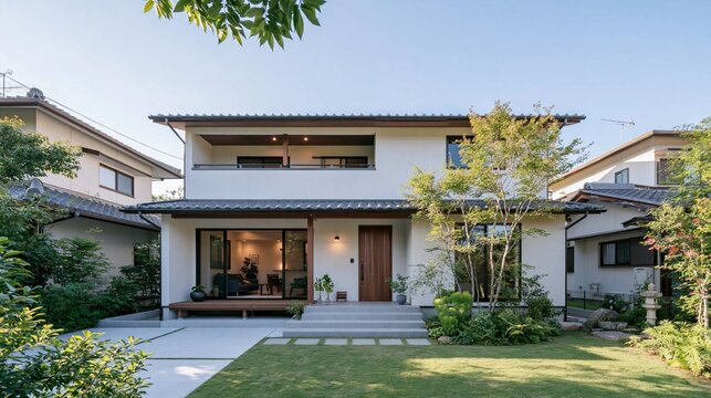 広い芝生と庭園に囲まれた二階建ての現代住宅