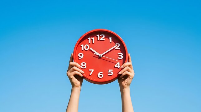 Person holding a red clock against blue sky. Time management concept. Young adult demonstrating punctuality and organization.