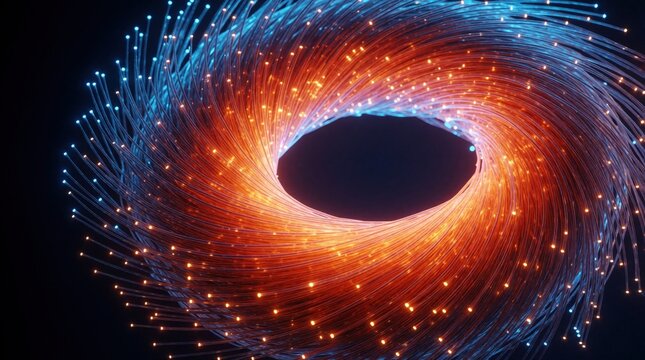 Fiber optic cable coil forms glowing spiral on black background. Neon red blue light strands create digital vortex effect. Abstract tech communication network flow represents high speed internet data