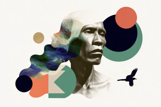 Shaman portrait morphing into colorful river splash collage with geometric shapes for editorial poster and album design