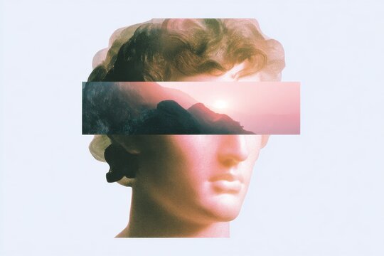 Classical greek bust collage portrait with sunset landscape band across eyes on white background for surreal poster and cover design