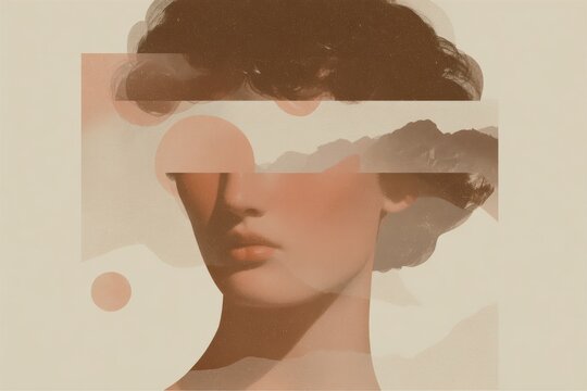 Classical bust collage portrait with sculptural overlays and soft beige tones for editorial layout and poster design