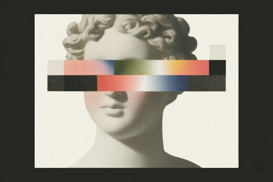 Classical greek bust portrait collage with colorful glitch bar over eyes for poster background and editorial design