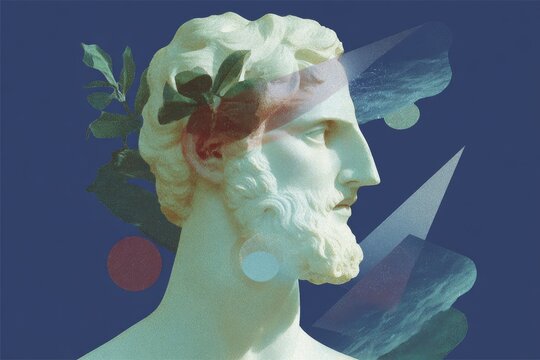 Classical greek bust collage on blue background with laurel leaves and geometric overlays for art poster and wallpaper design