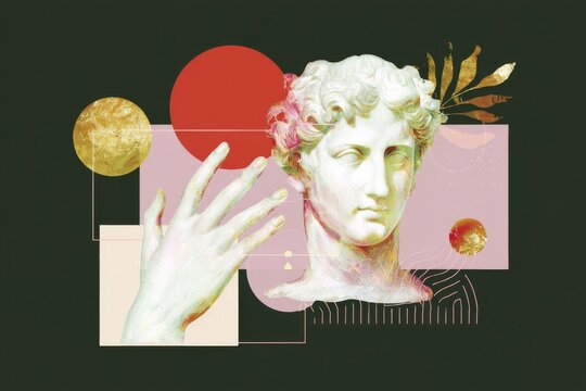 Classical greek statue bust fragment collage with gold circles and geometric shapes for poster artwork and decorative design