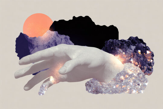 Surreal classical sculpture hand collage with crystal and sunset elements for abstract poster and background design