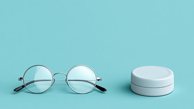 Metal round eyeglasses and contact lens case on turquoise background, vision correction eye care ophthalmology promotional flat lay