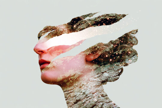 Surreal double exposure portrait merging human profile with bark texture and cosmic sparkles for poster and editorial design