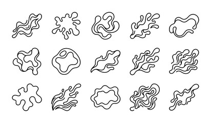 Fototapeta premium Abstract liquid blob line art icons, set of 15 organic fluid shape vectors, minimalist wavy splash and splatter outlines for modern branding