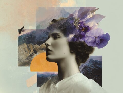 Editorial art collage profile of a woman merged with mountains and floral elements for fashion poster background