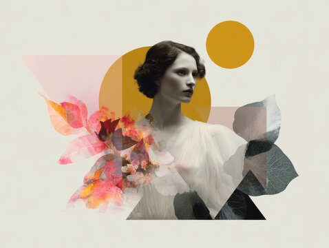 Editorial portrait collage background with geometric shapes and floral overlays for magazine layout and poster design