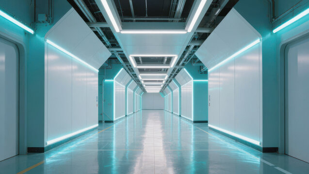 Futuristic corridor with neon light and reflective floor in empty science laboratory
