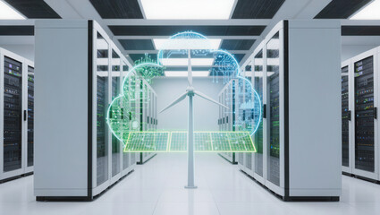 Obraz premium Data center cloud computing server room with digital renewable energy concept