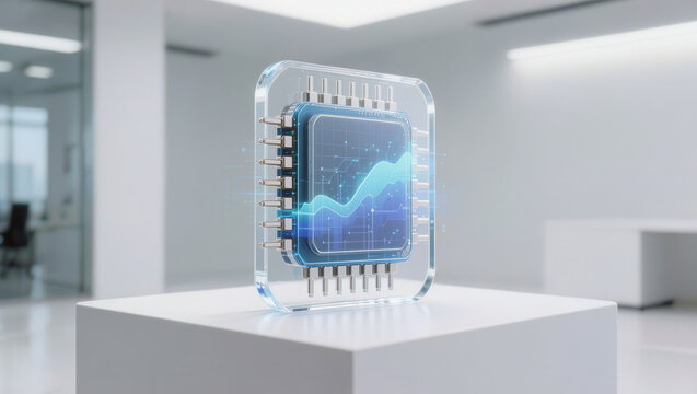 Futuristic chip on pedestal, digital circuit, transparent glass, blue graph, technology icon