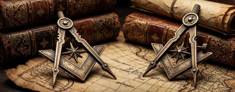 Bronze masonic compass, square emblems rest upon vintage world map. Aged leather bound books, parchment scrolls create background. Metal tools represent secret fraternal society craft. Symbolic