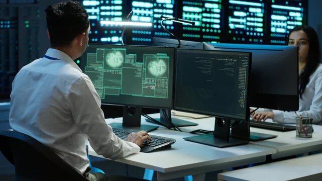 Cybersecurity team responds to a firewall breach in a high tech server hub, balancing firewall breach response, data protection and security monitoring while tracking core system performance
