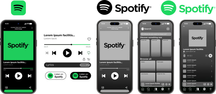 Spotify green music player mockups, mobile streaming interface, audio app templates