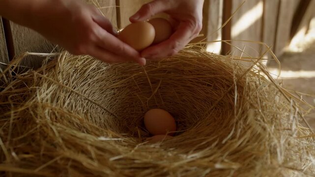 Hands gently placing brown eggs into straw nest inside wooden coop under warm sunlight, fingers cupped for careful stabilization and natural farm setting, with hand, eggs, nest, straw detail